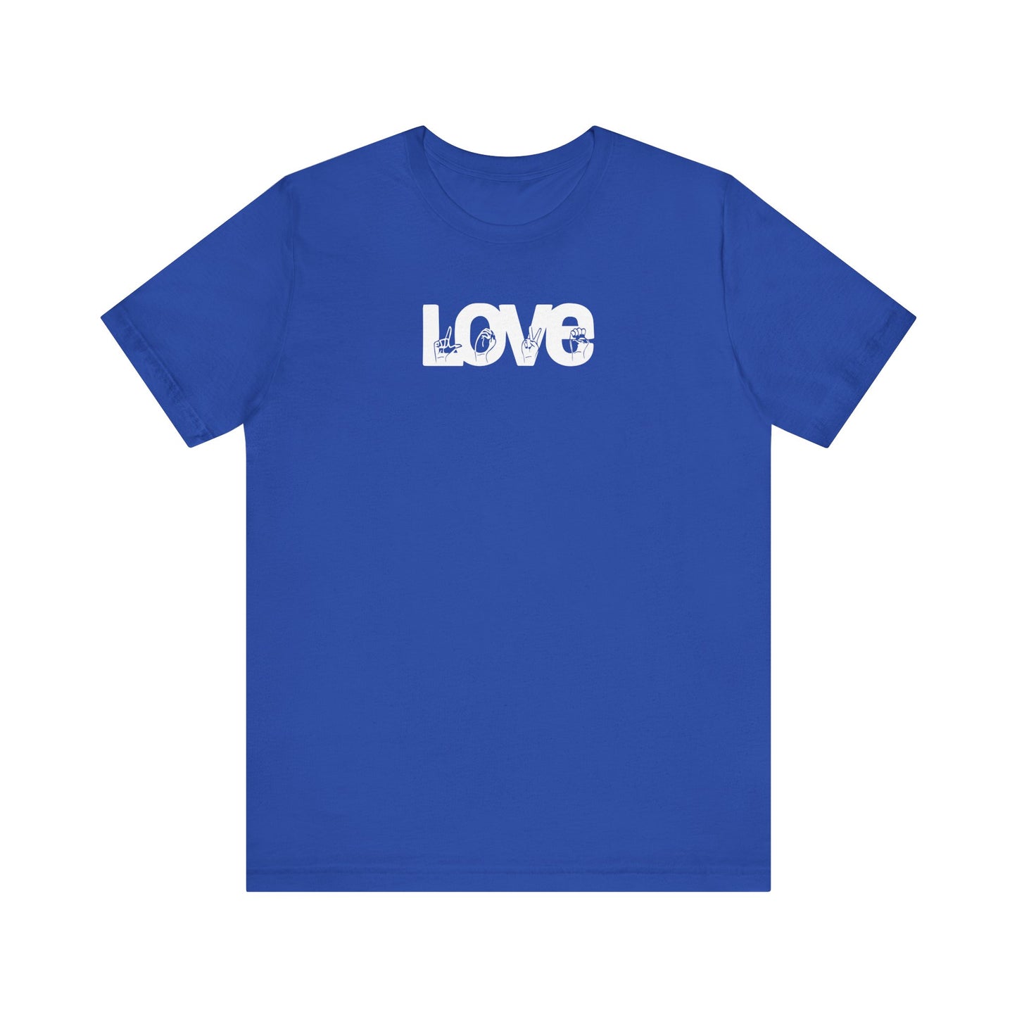 LOVE (White Design) in American Sign Language, Unisex Jersey Short Sleeve Tee