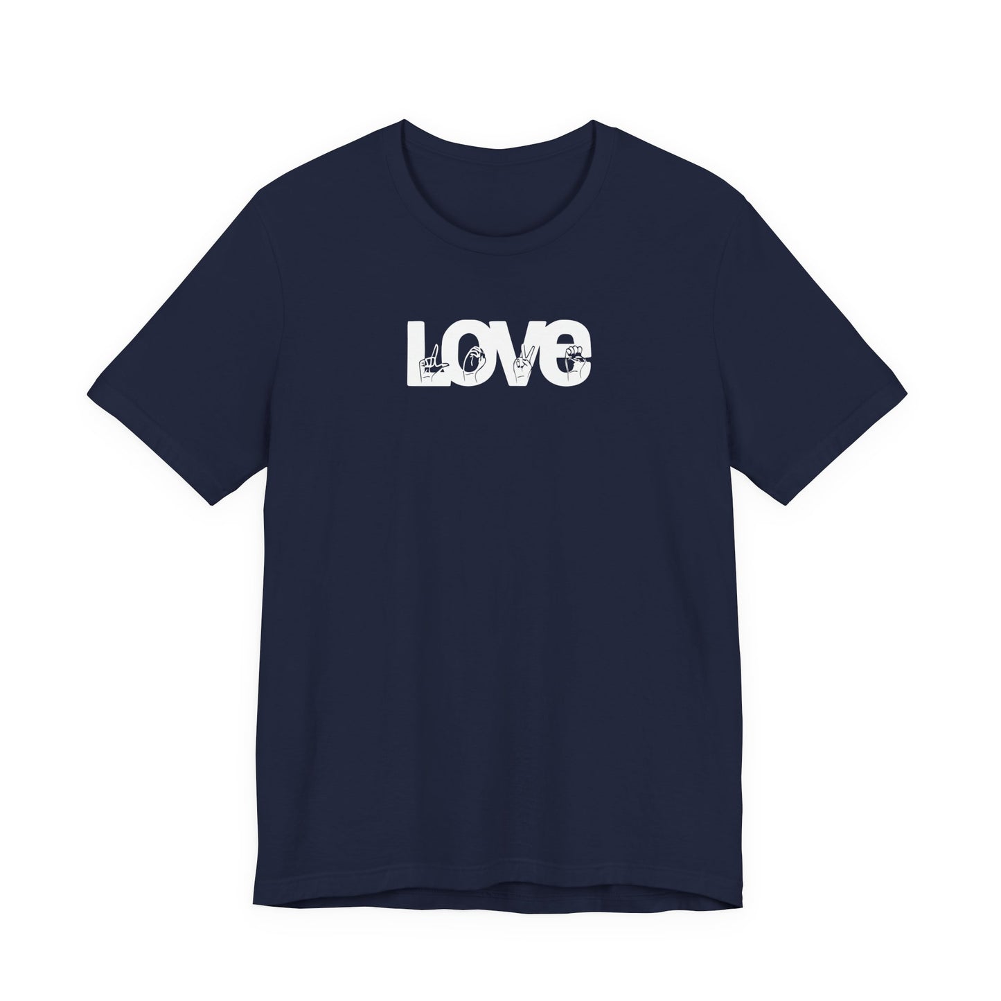 LOVE (White Design) in American Sign Language, Unisex Jersey Short Sleeve Tee