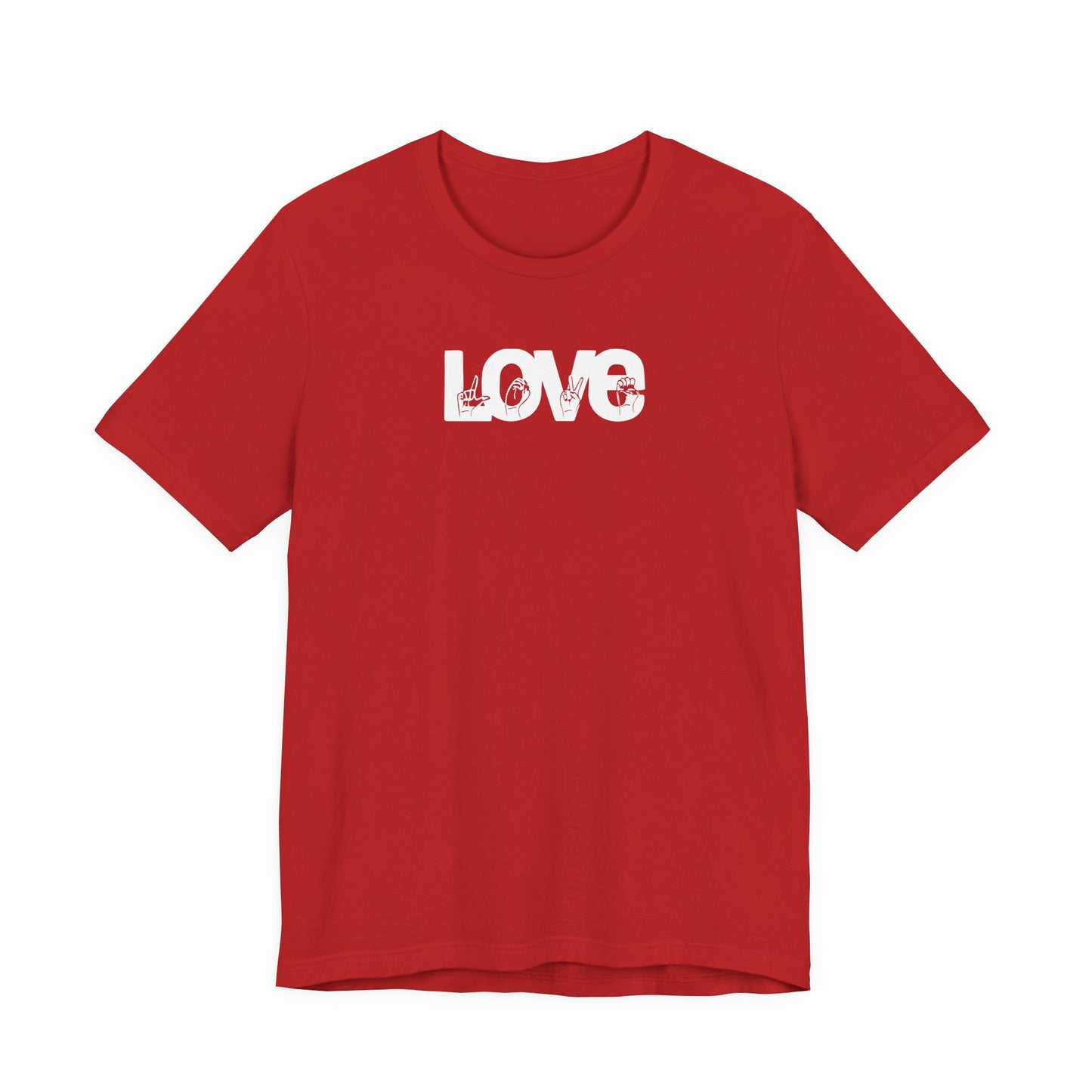 LOVE (White Design) in American Sign Language, Unisex Jersey Short Sleeve Tee
