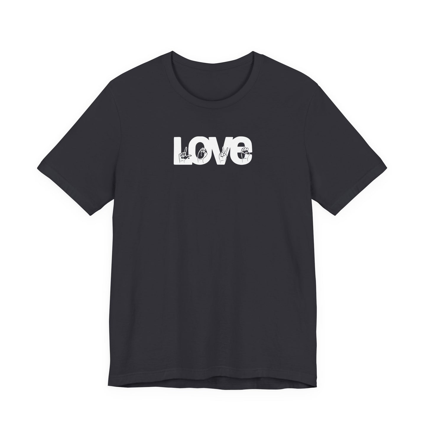 LOVE (White Design) in American Sign Language, Unisex Jersey Short Sleeve Tee
