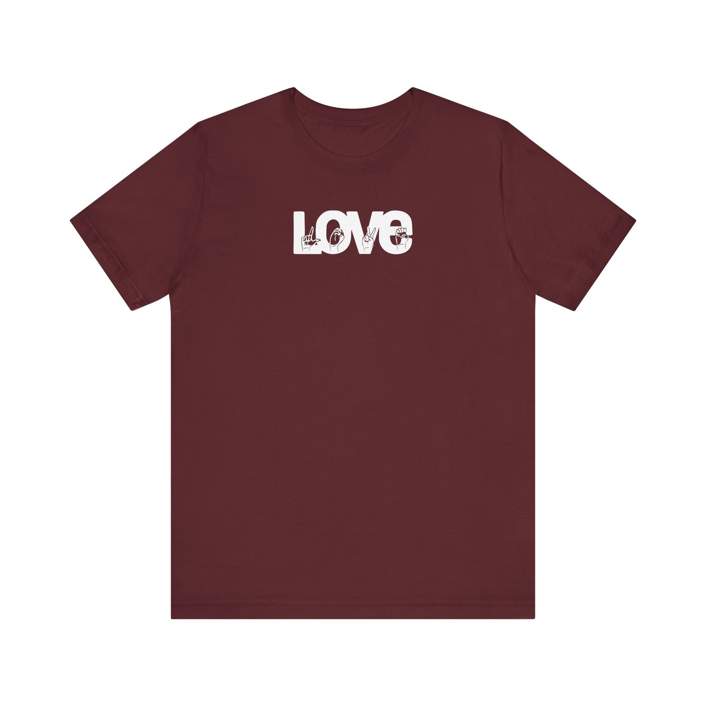 LOVE (White Design) in American Sign Language, Unisex Jersey Short Sleeve Tee