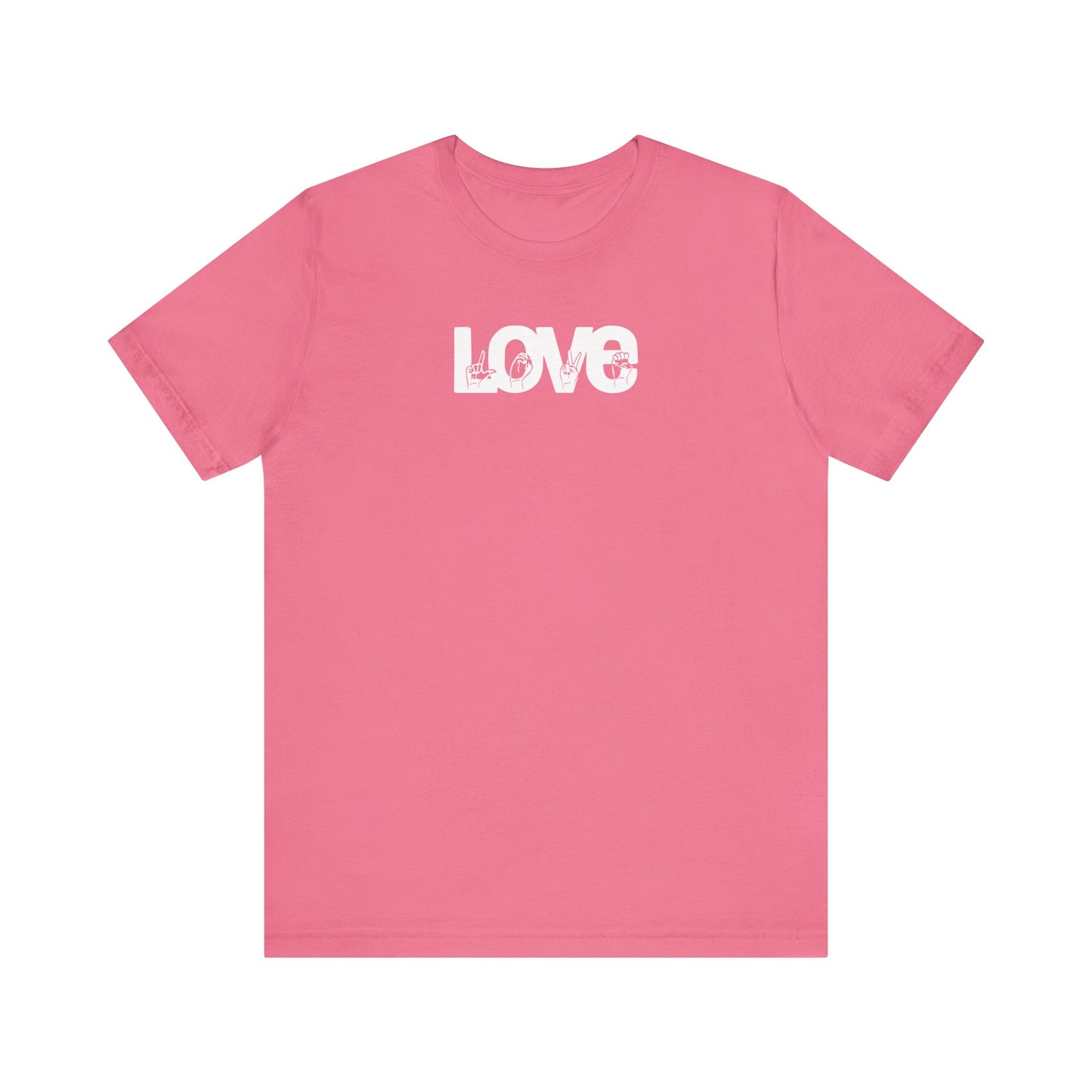LOVE (White Design) in American Sign Language, Unisex Jersey Short Sleeve Tee