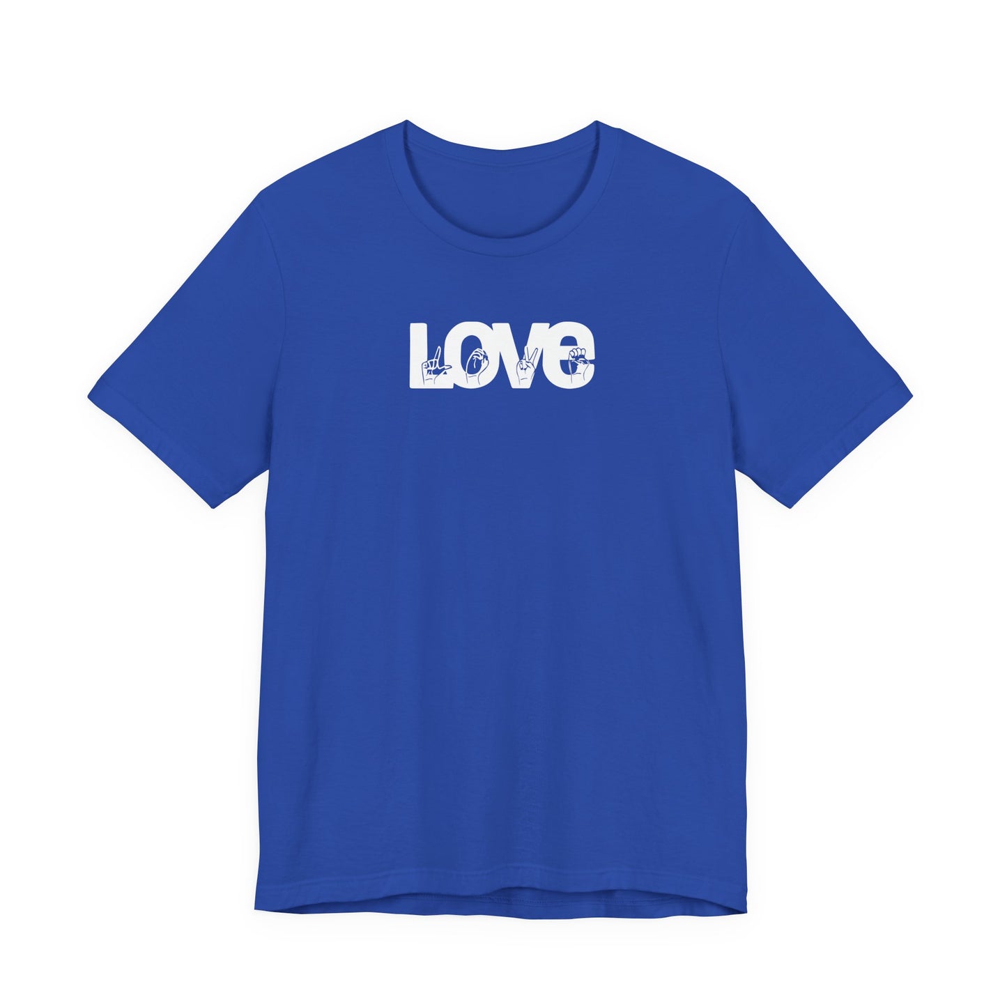 LOVE (White Design) in American Sign Language, Unisex Jersey Short Sleeve Tee