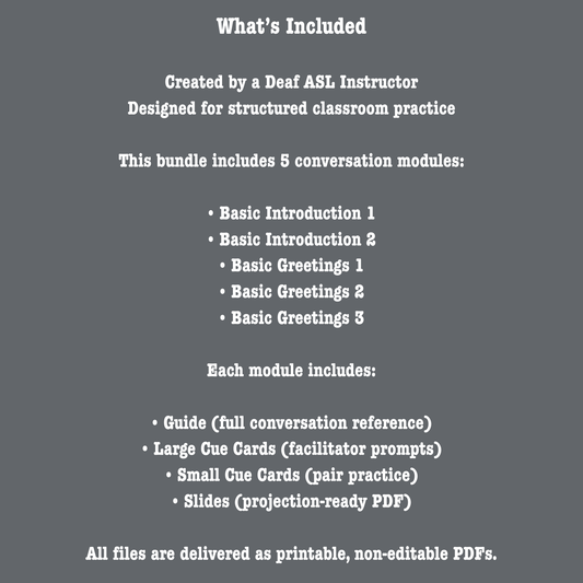 ASL Conversation Toolkits – Introductory Conversations | Structured Practice Slides & Cue Cards (PDF)