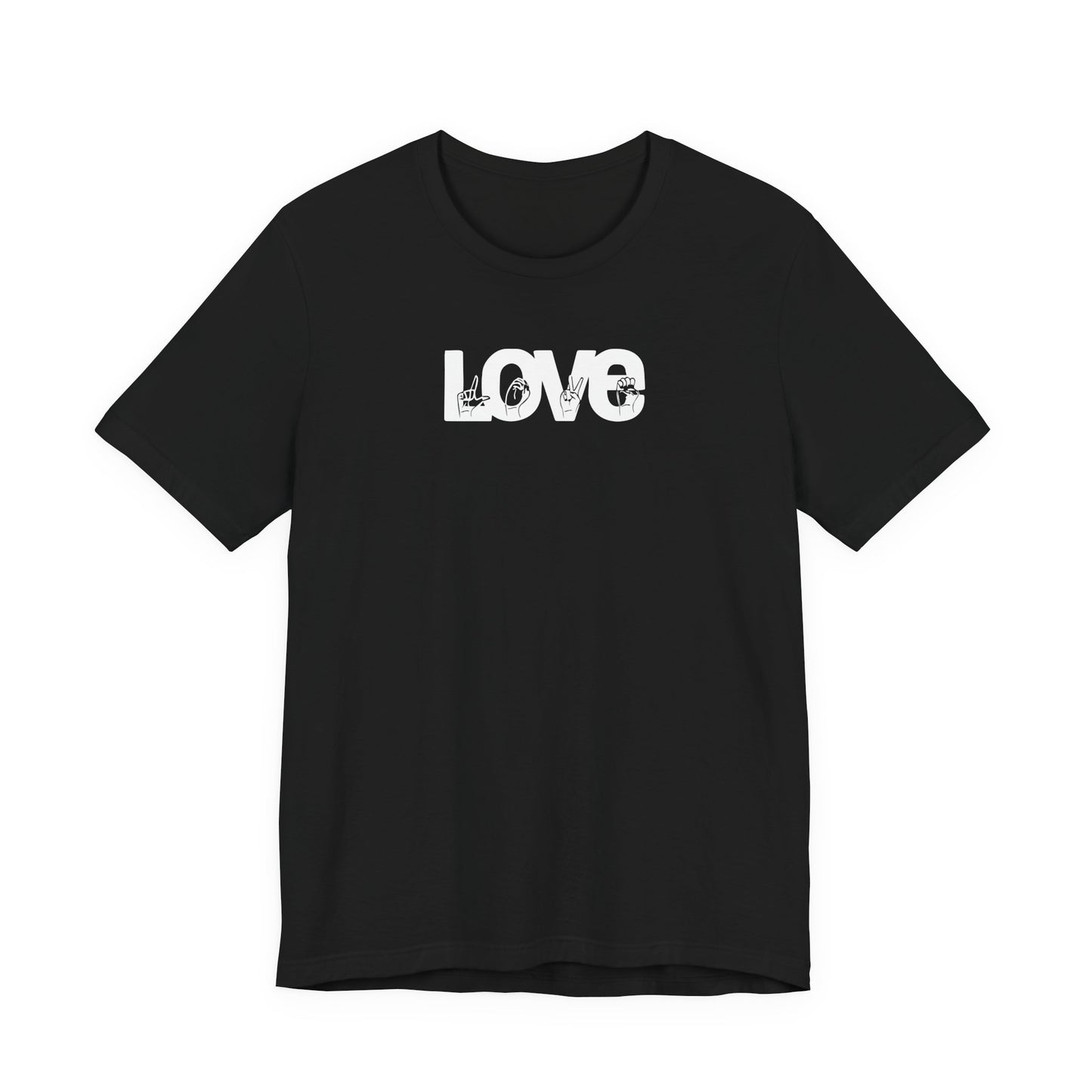LOVE (White Design) in American Sign Language, Unisex Jersey Short Sleeve Tee