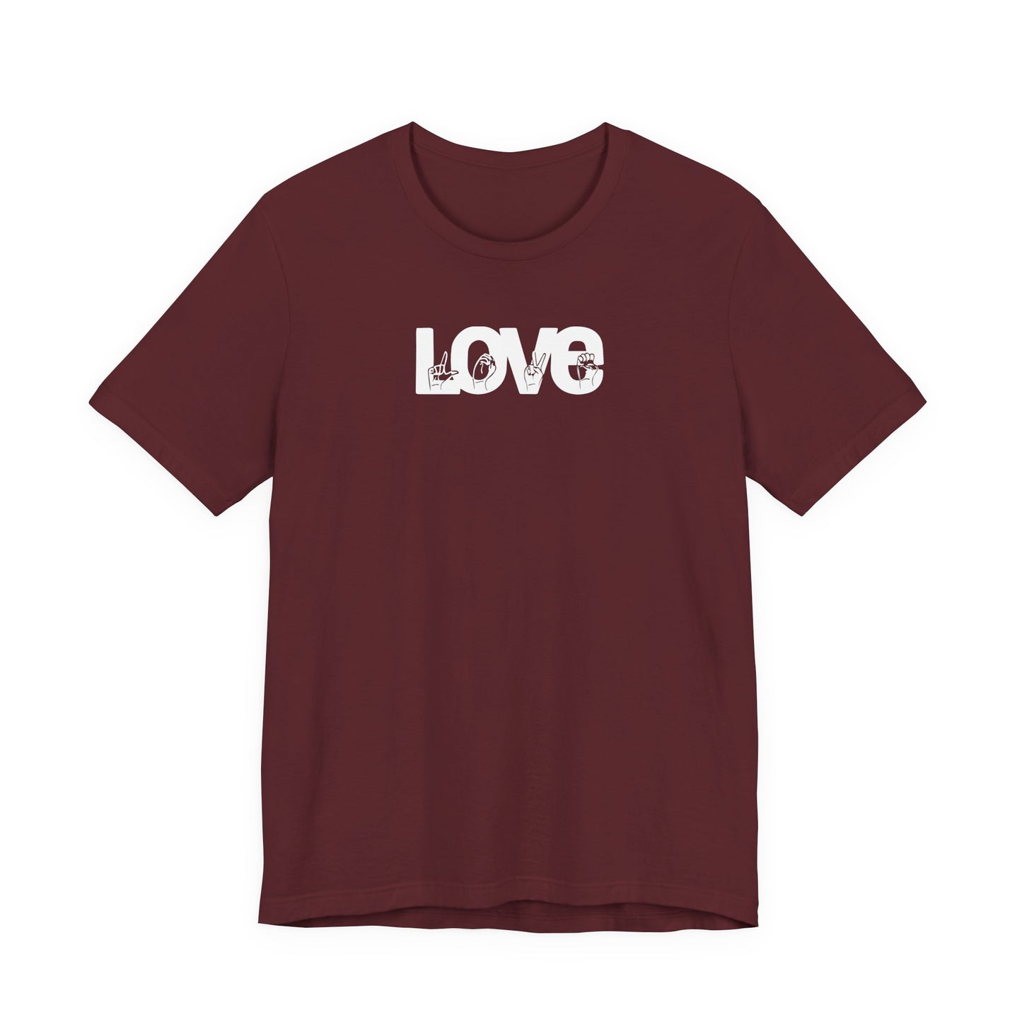 LOVE (White Design) in American Sign Language, Unisex Jersey Short Sleeve Tee