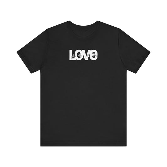 LOVE (White Design) in American Sign Language, Unisex Jersey Short Sleeve Tee