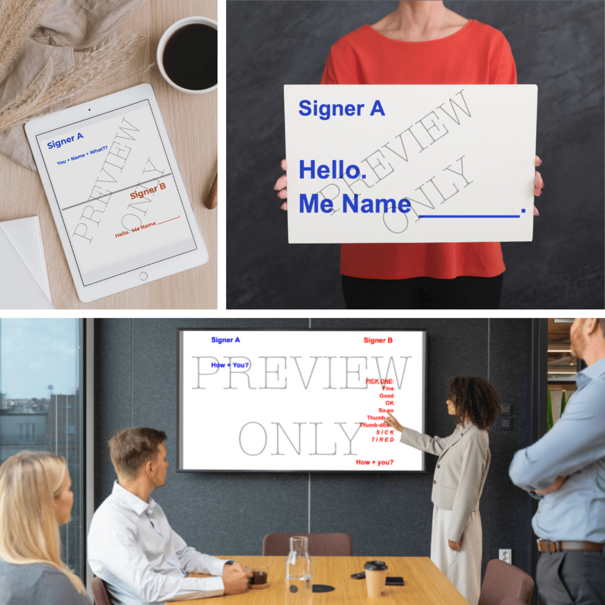 Collage of a digital document on a tablet, a person holding a sign with 'Signer A Hello. Me Name', and two people in a meeting discussing the document.