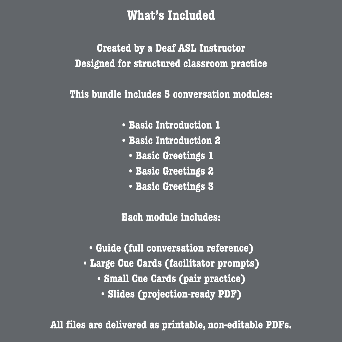 ASL Conversation Toolkits – Introductory Conversations | Structured Practice Slides & Cue Cards (PDF)