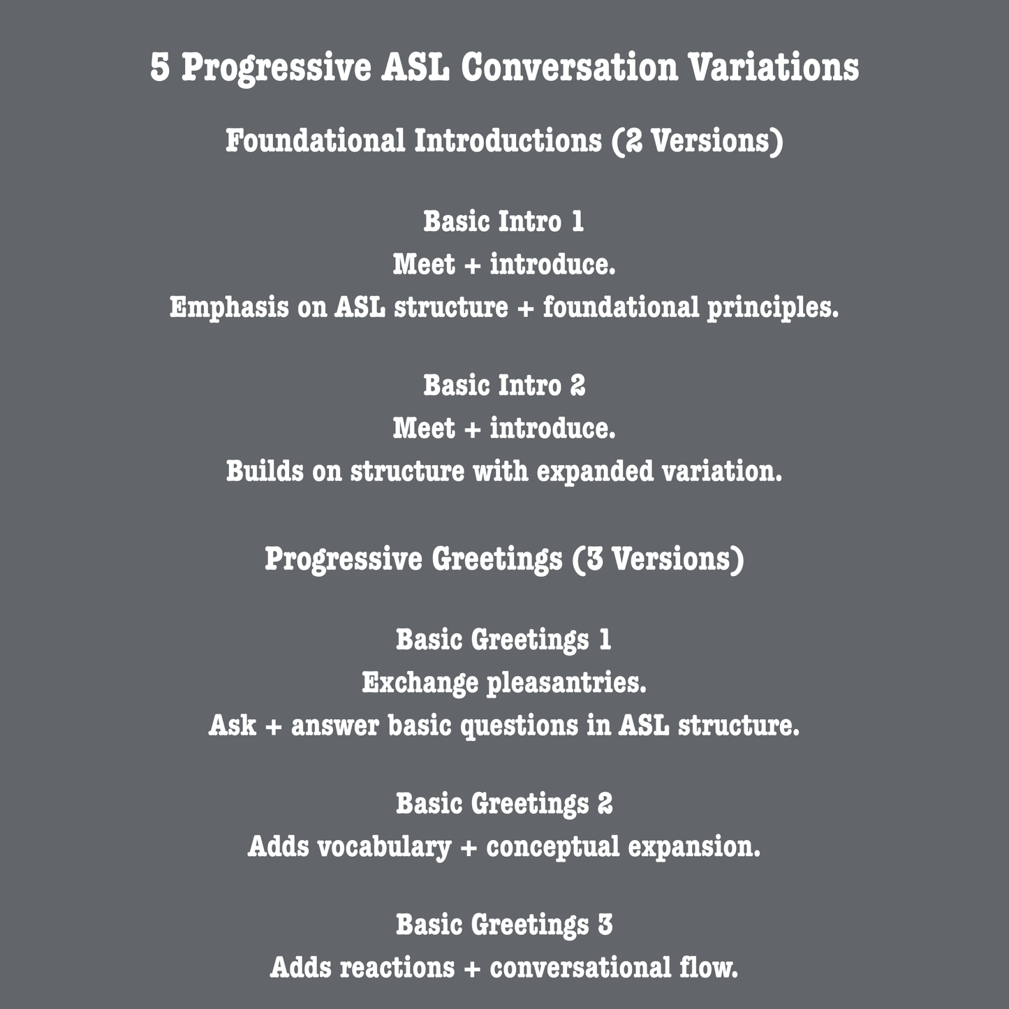ASL Conversation Toolkits – Introductory Conversations | Structured Practice Slides & Cue Cards (PDF)